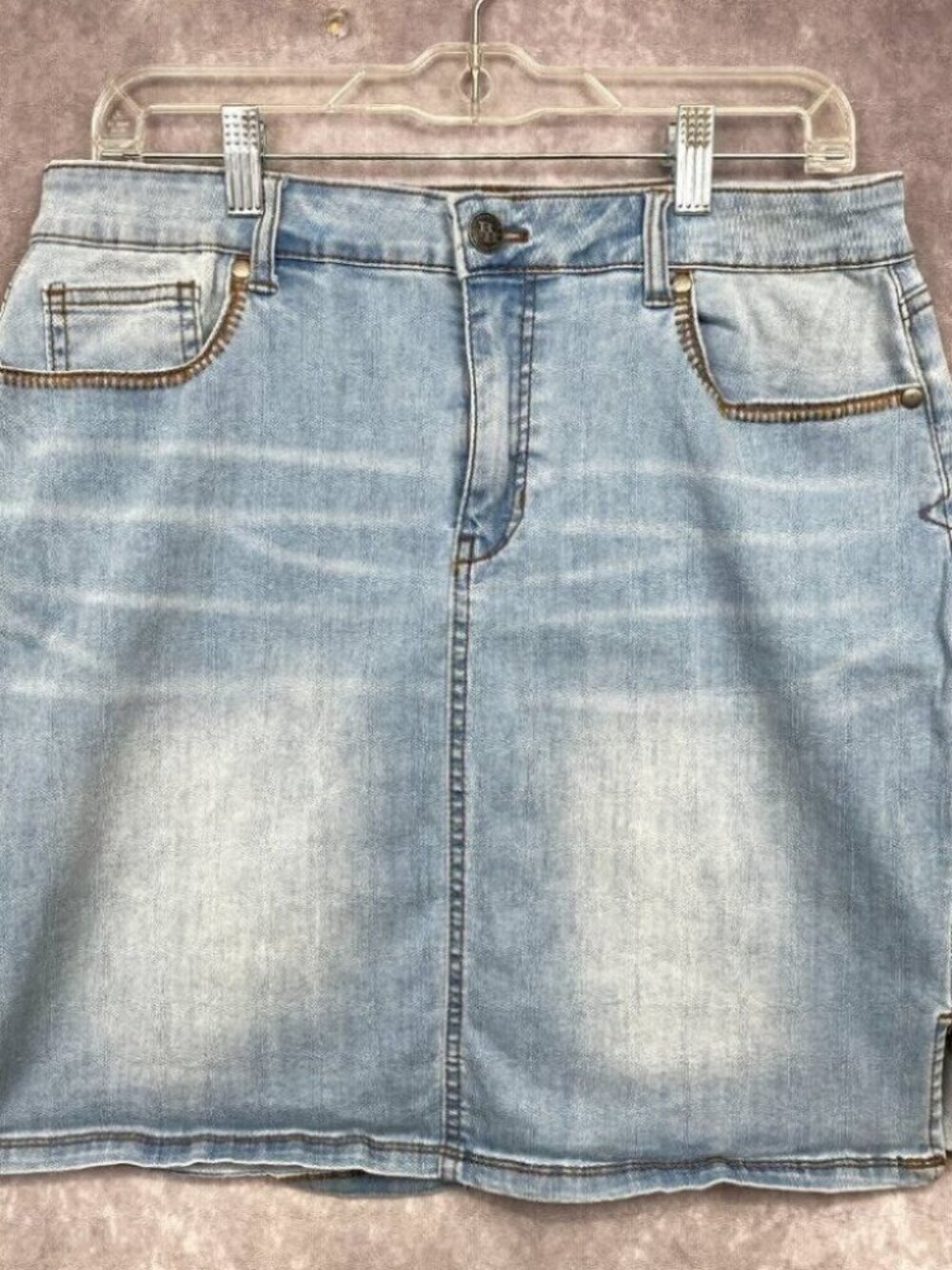 Bit & Bridle Denim Skirt Size 10 Distressed Whiskering Stitching Western Cowgirl